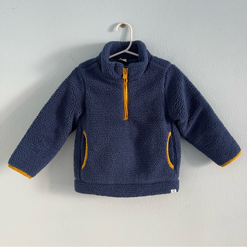 Baby Gap Navy Blue Fleece Sherpa Teddy Pullover with Yellow Accents